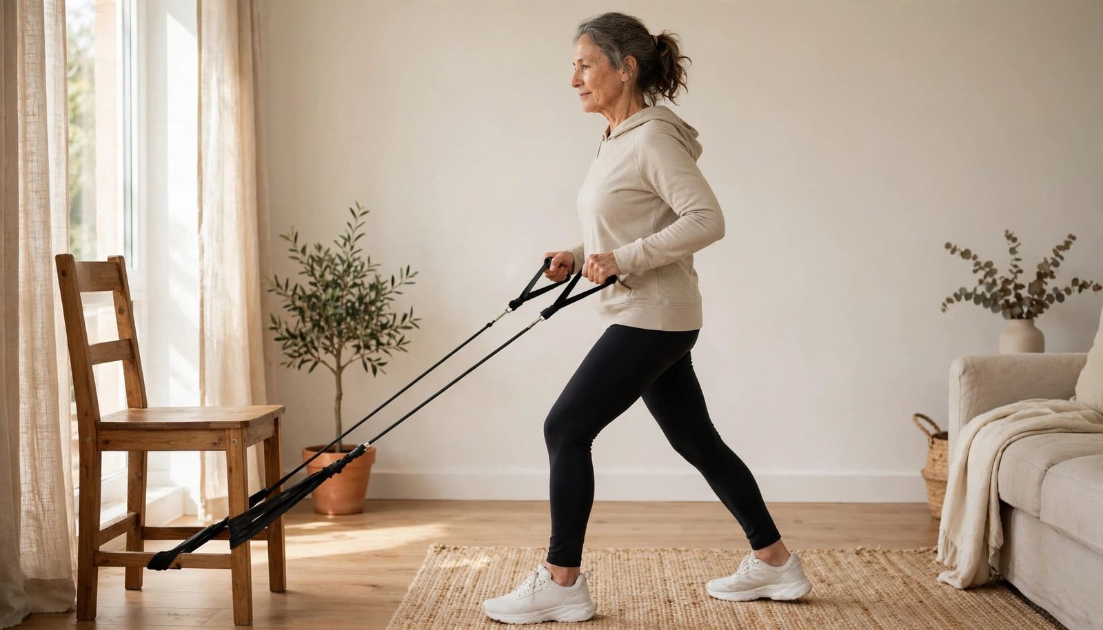 Woman doing a resistance-band row in a bright living room beside a chair.