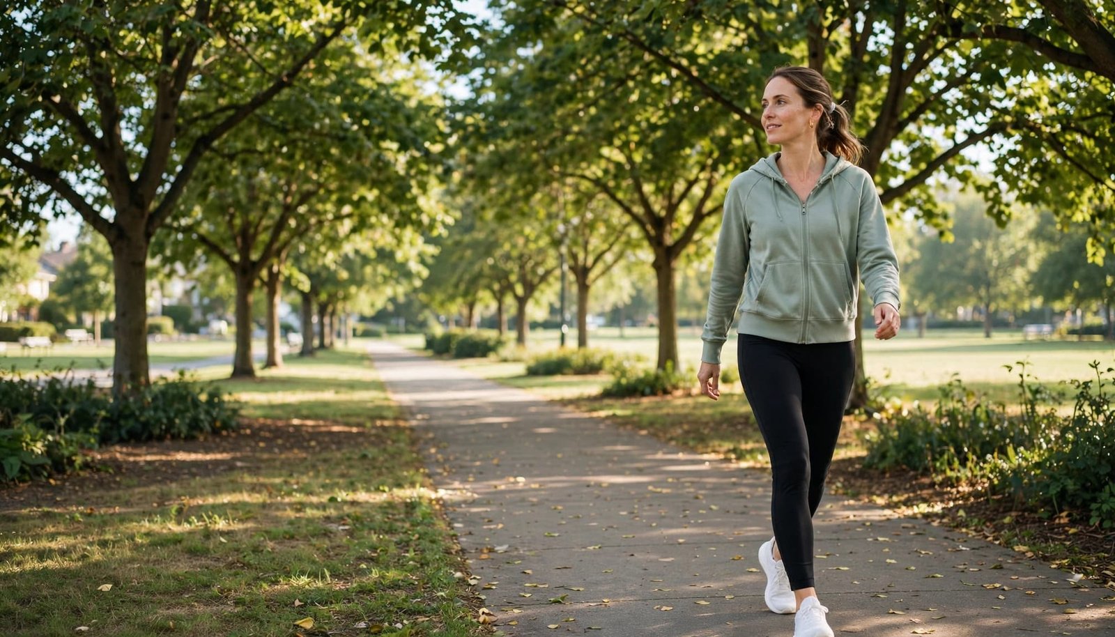 Woman walking on a sunny, tree-lined park path.
