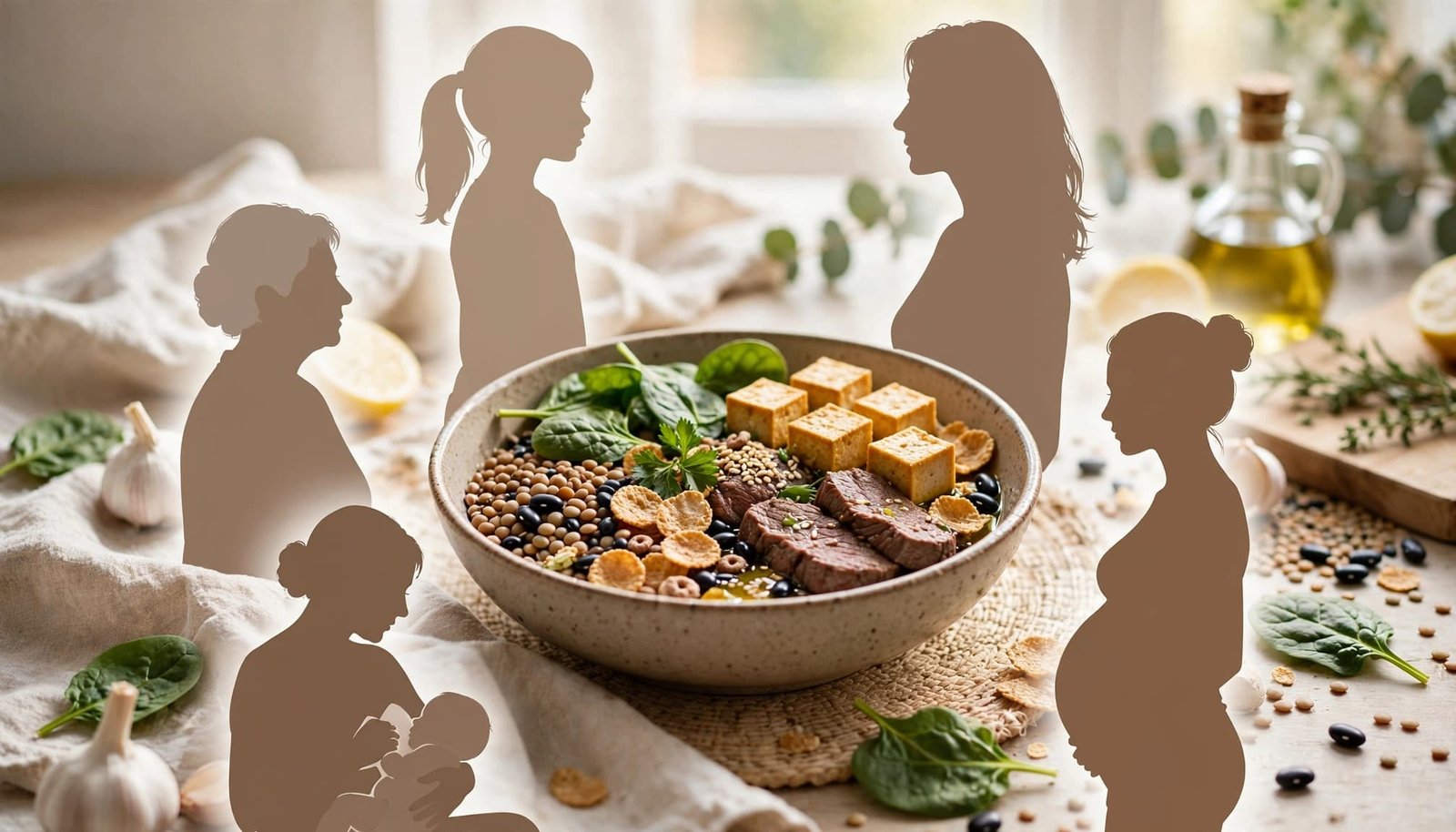 Five female silhouettes surround a bowl of iron-rich foods.