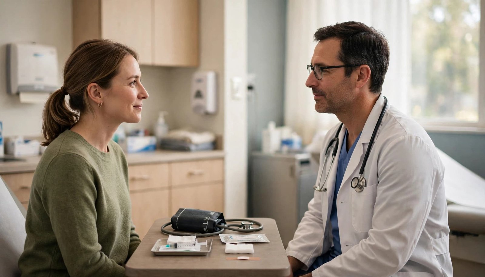 A woman discusses preventive care with a clinician in a bright clinic exam room.